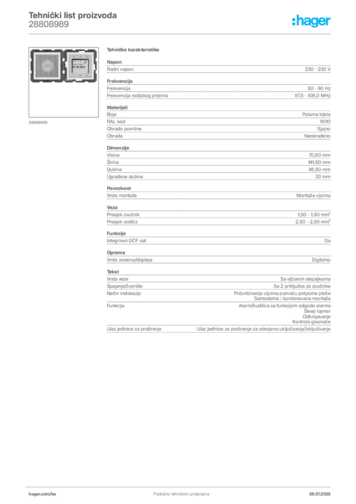 Slika Hager Product data sheet 28808989  | Hager