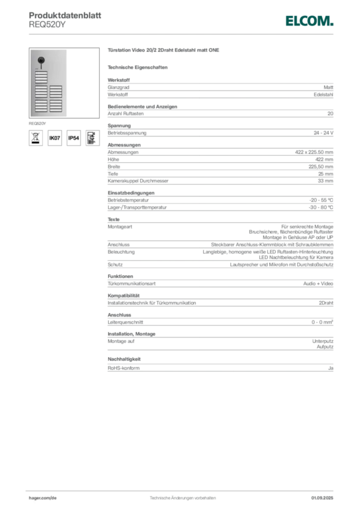 Bild Elcom Produktdatenblatt REQ520Y | Hager Deutschland
