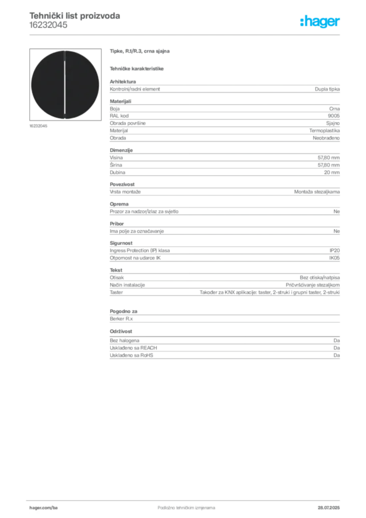 Slika Hager Product data sheet 16232045  | Hager