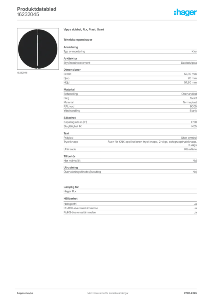 Bild Hager Produktdatablad 16232045 | Hager Sverige