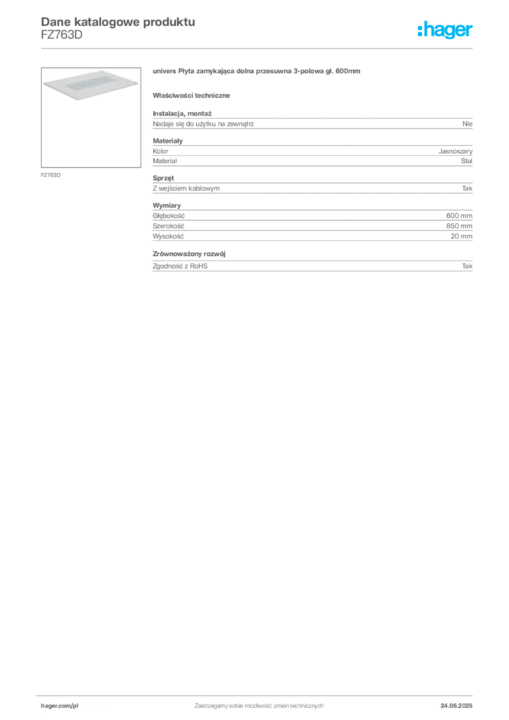 Zdjęcie Hager Dane katalogowe produktu FZ763D | Hager Polska