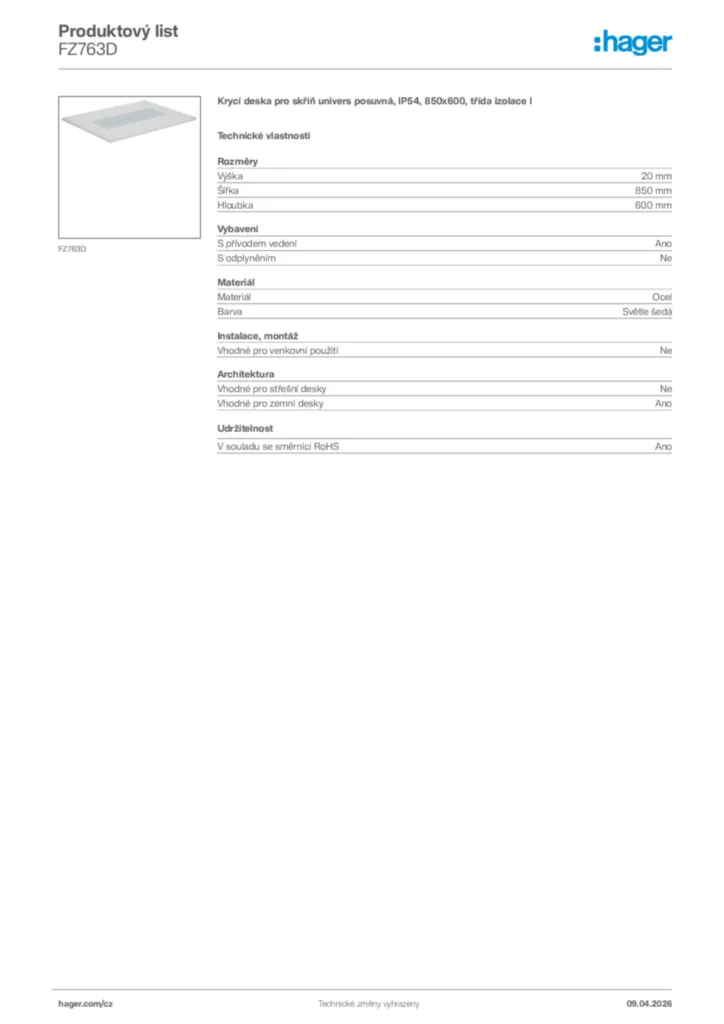 Obrázek Hager Product data sheet FZ763D | Hager