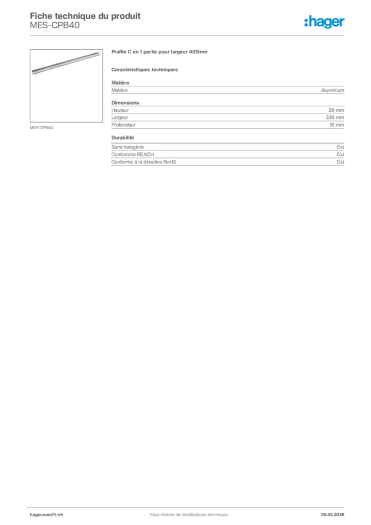 Image Hager Fiche technique du produit MES-CPB40 | Hager Suisse