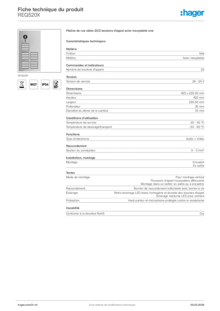Image Hager Fiche technique du produit REQ520X | Hager Suisse