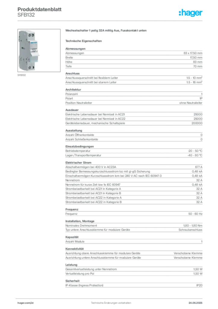 Bild Hager Produktdatenblatt SFB132 | Hager Deutschland