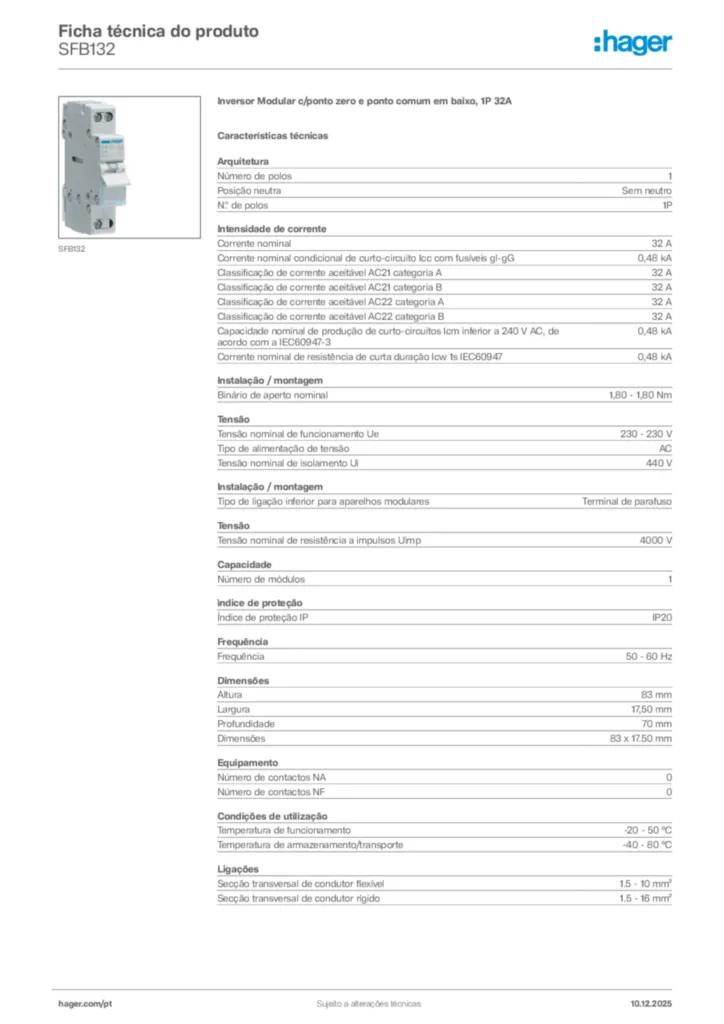 Imagem Hager Ficha técnica do produto SFB132 | Hager Portugal