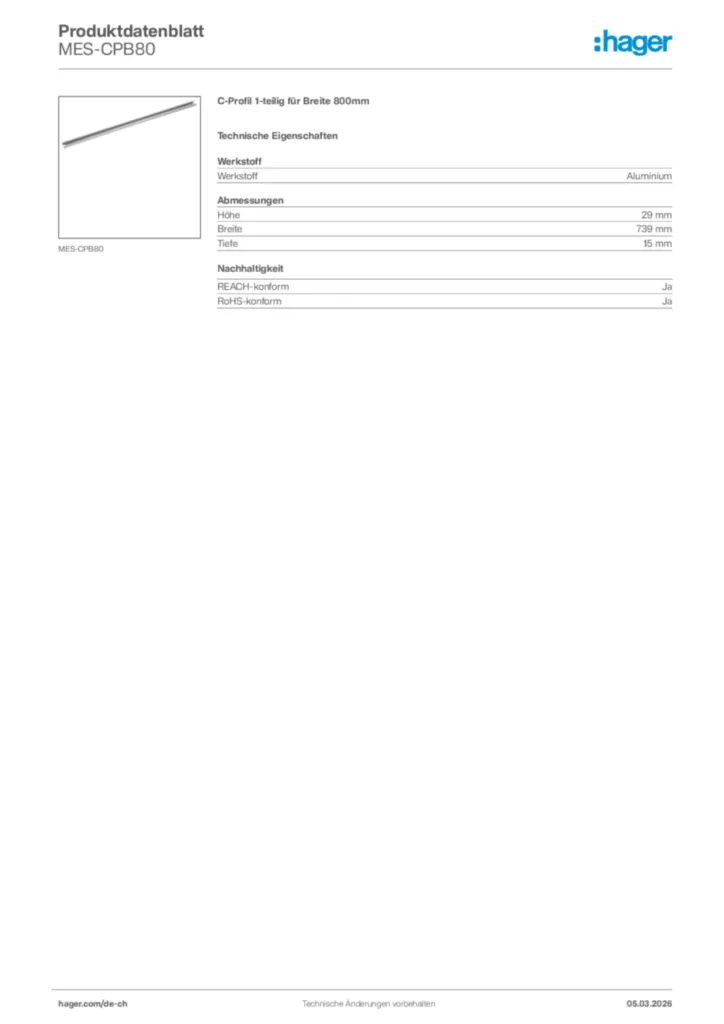 Bild Hager Produktdatenblatt MES-CPB80 | Hager Schweiz