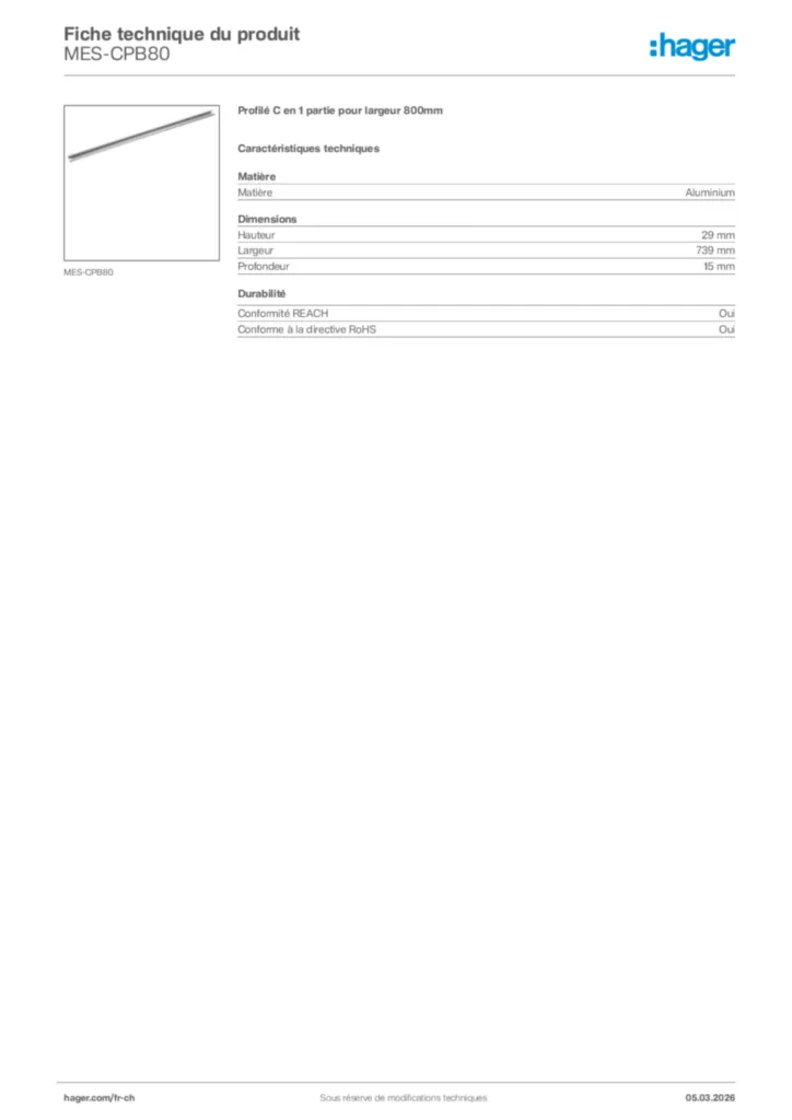 Image Hager Fiche technique du produit MES-CPB80 | Hager Suisse