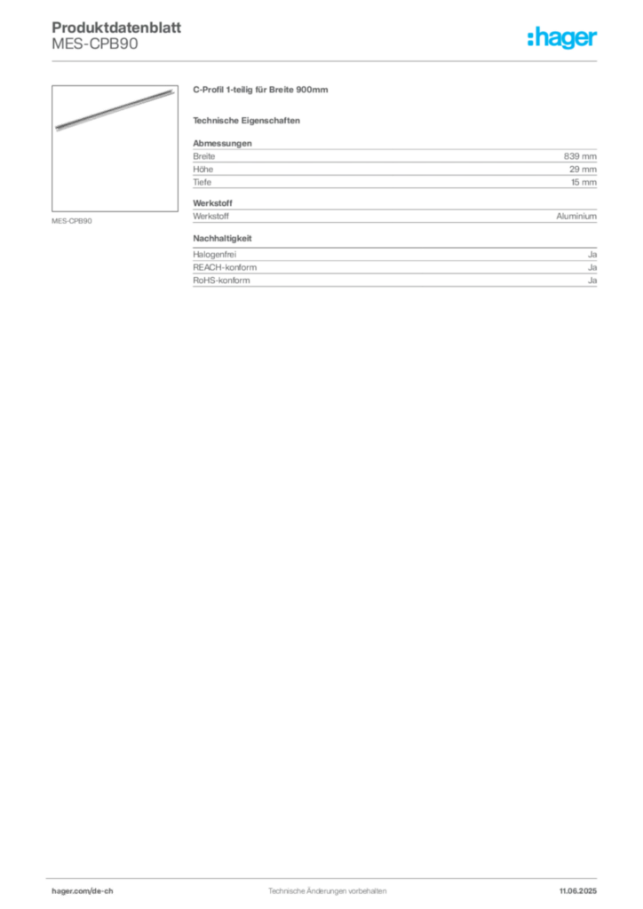 Bild Hager Produktdatenblatt MES-CPB90 | Hager Schweiz