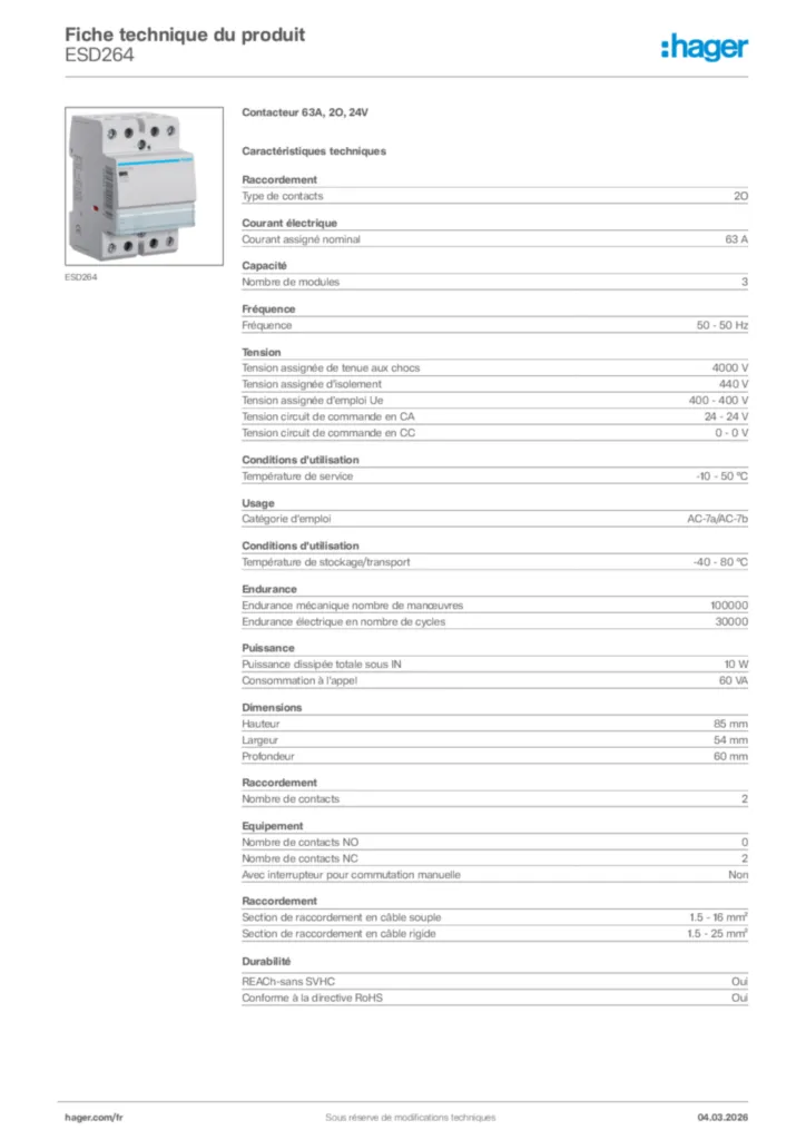 Image Hager Fiche technique du produit ESD264 | Hager France