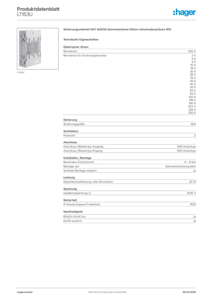 Bild Hager Produktdatenblatt LT153U | Hager Deutschland