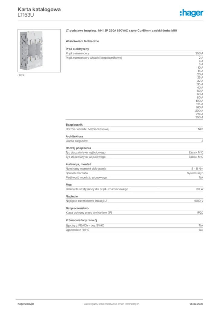 Zdjęcie Hager Karta katalogowa LT153U | Hager Polska