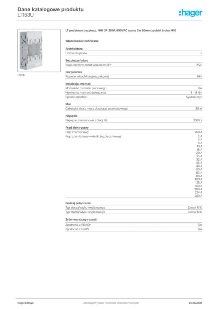 Zdjęcie Hager Dane katalogowe produktu LT153U | Hager Polska