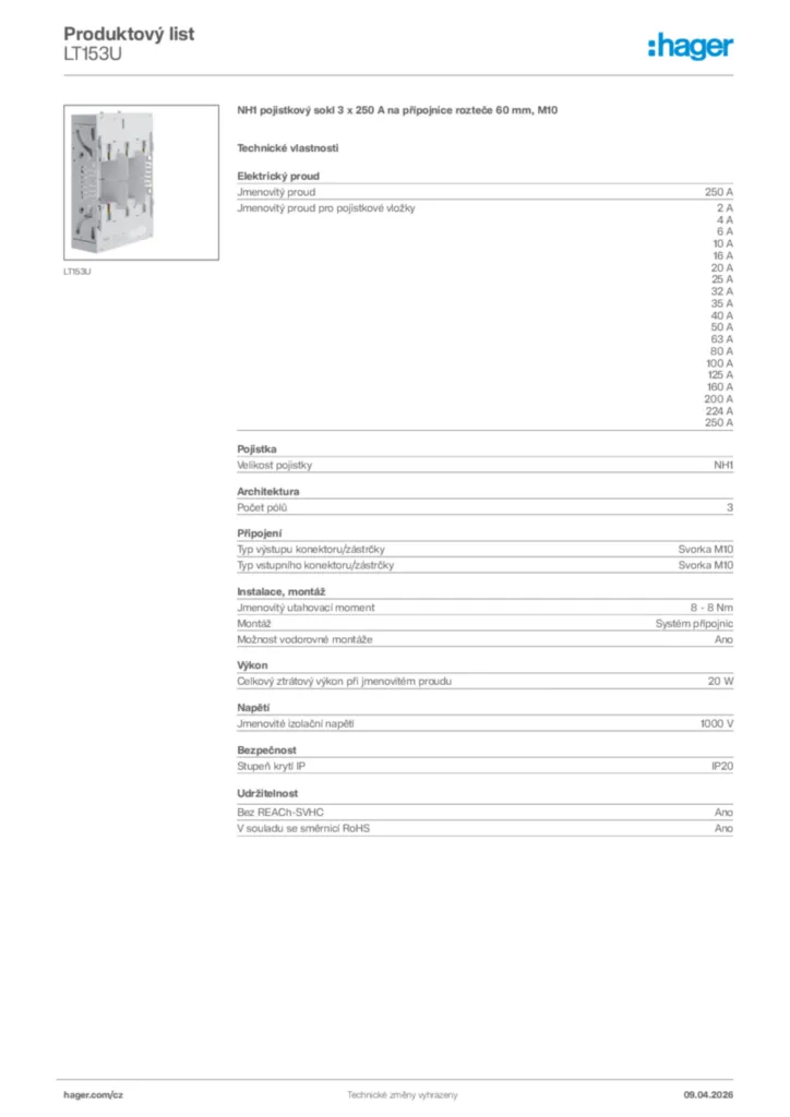 Obrázek Hager Product data sheet LT153U | Hager