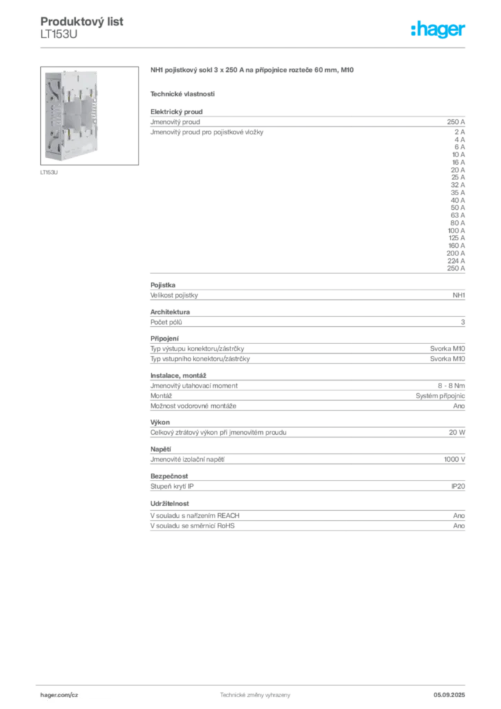 Obrázek Hager Produktový list LT153U | Hager