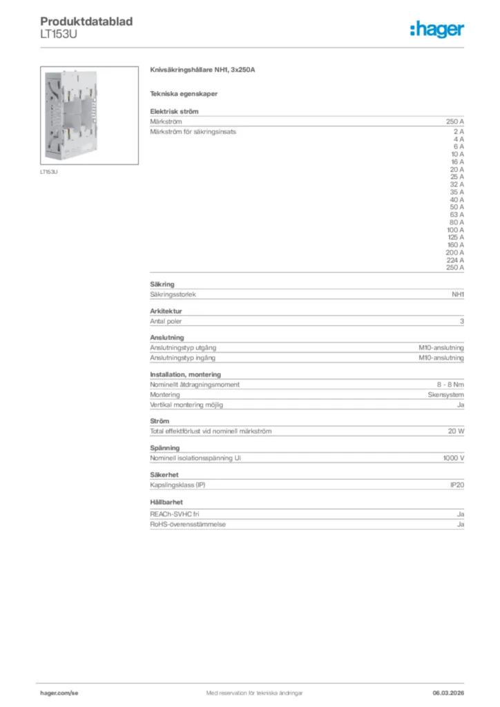 Bild Hager Produktdatablad LT153U | Hager Sverige