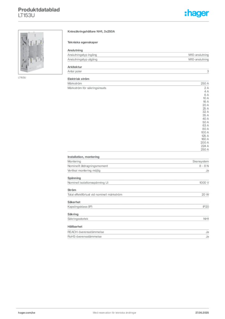 Bild Hager Produktdatablad LT153U | Hager Sverige