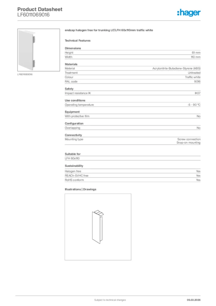 Image Hager Product data sheet LF6011069016  | Hager Africa