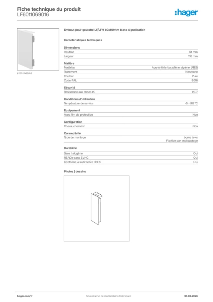 Image Hager Fiche technique du produit LF6011069016 | Hager France