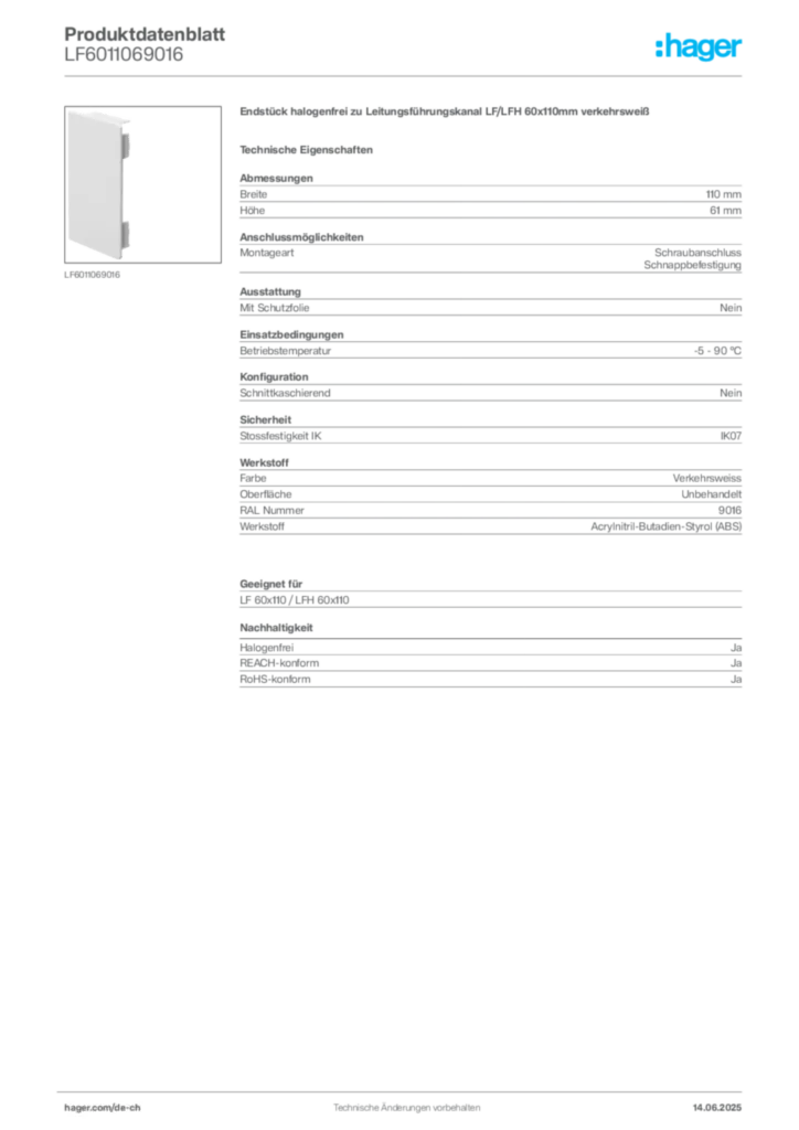 Bild Hager Produktdatenblatt LF6011069016 | Hager Schweiz