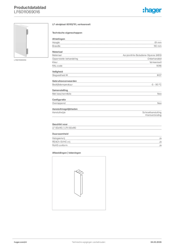 Afbeelding Hager Productdatablad LF6011069016 | Hager Nederland