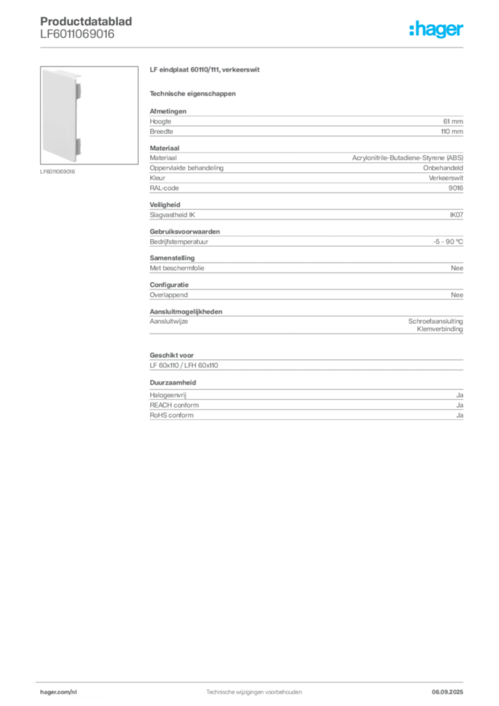 Afbeelding Hager Productdatablad LF6011069016 | Hager Nederland