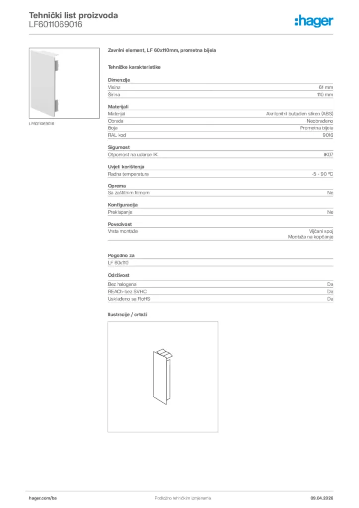 Slika Hager Tehnički list proizvoda LF6011069016  | Hager