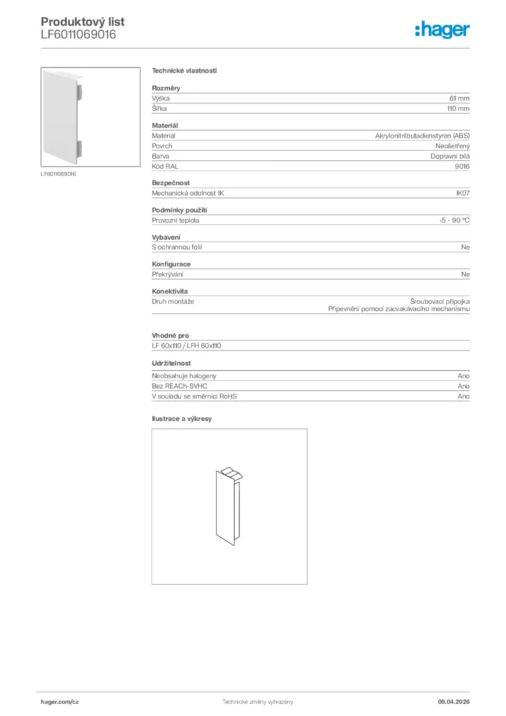Obrázek Hager Product data sheet LF6011069016 | Hager