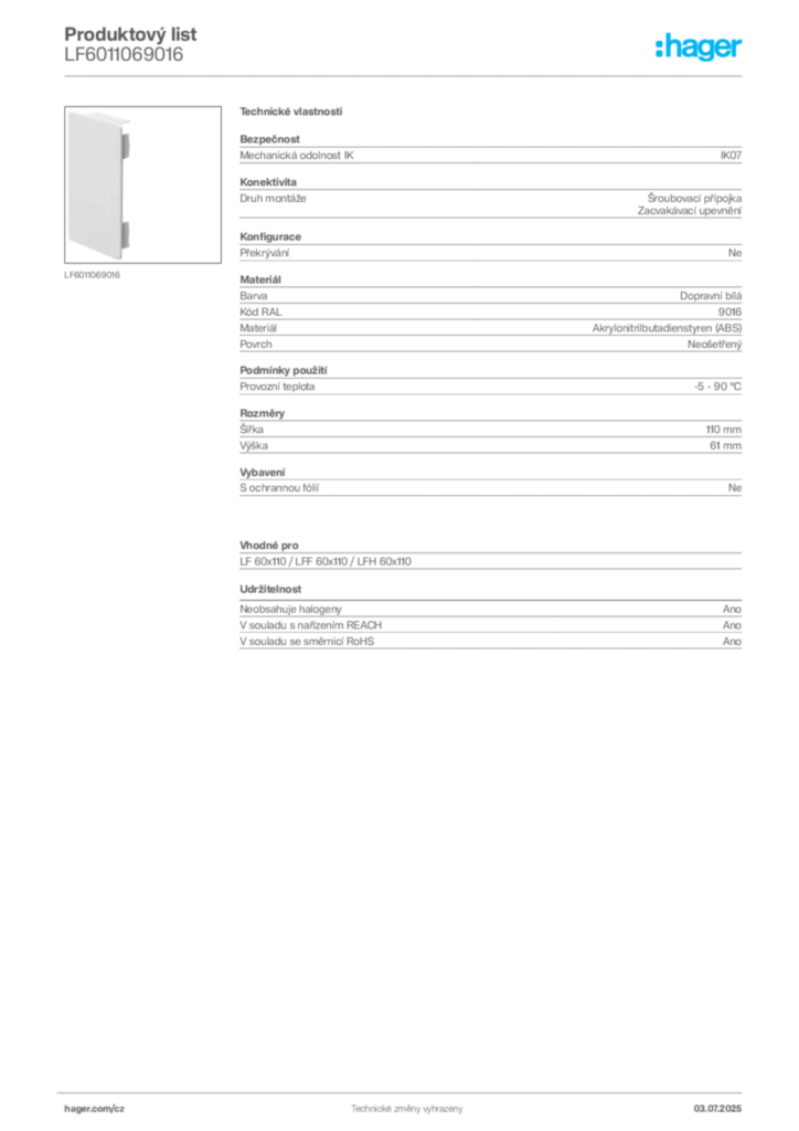 Obrázek Hager Produktový list LF6011069016 | Hager