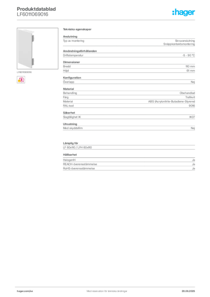 Bild Hager Produktdatablad LF6011069016 | Hager Sverige