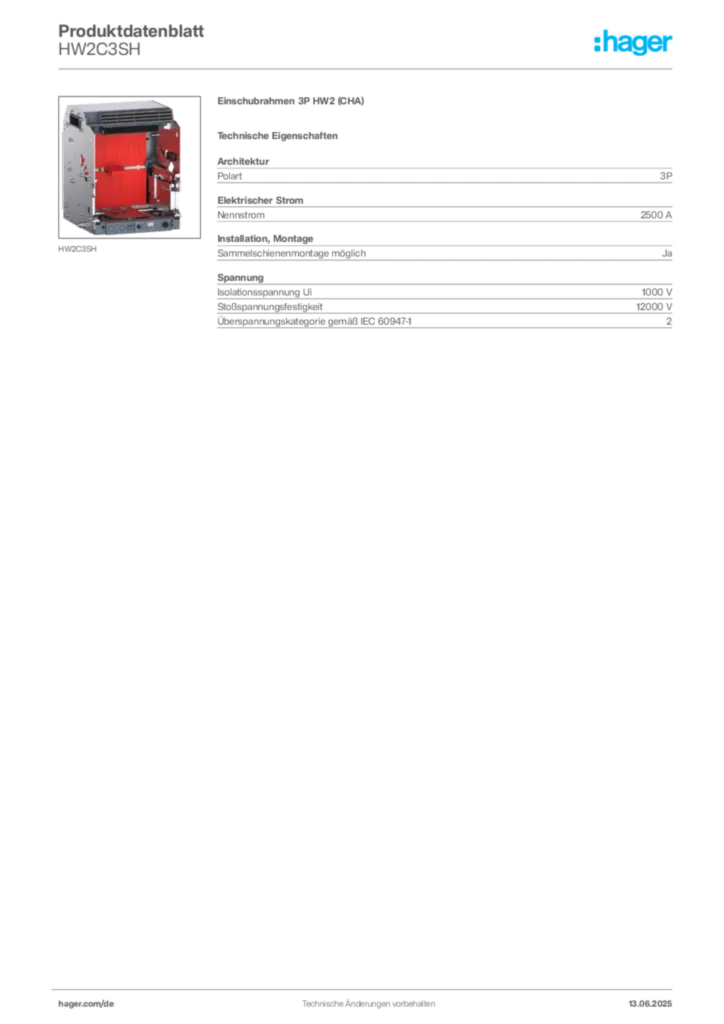 Bild Hager Produktdatenblatt HW2C3SH | Hager Deutschland