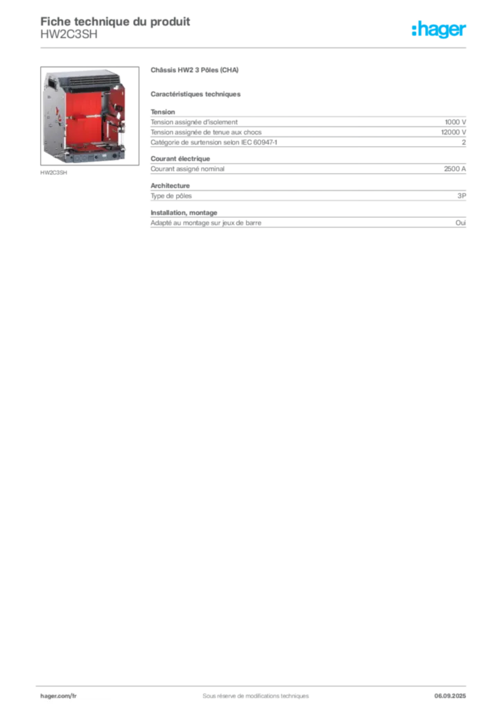 Image Hager Fiche technique du produit HW2C3SH | Hager France