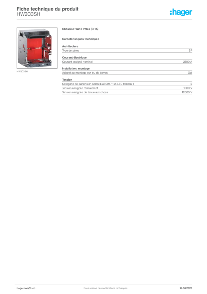 Image Hager Fiche technique du produit HW2C3SH | Hager Suisse