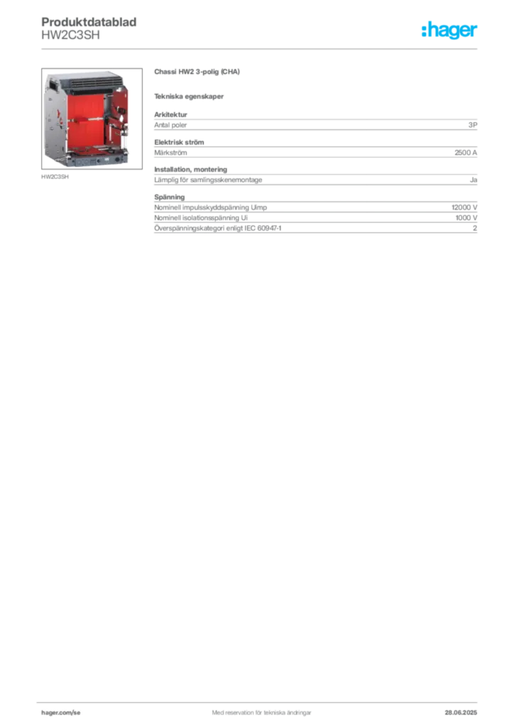 Bild Hager Produktdatablad HW2C3SH | Hager Sverige