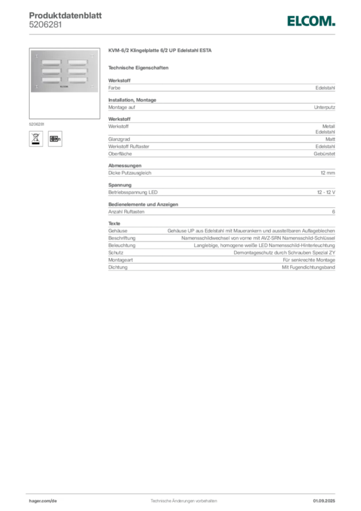 Bild Elcom Produktdatenblatt 5206281 | Hager Deutschland