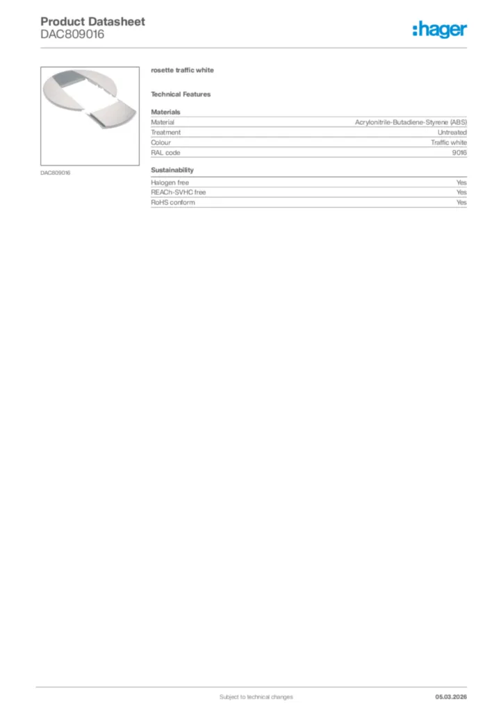 Image Hager Product data sheet DAC809016  | Hager Africa