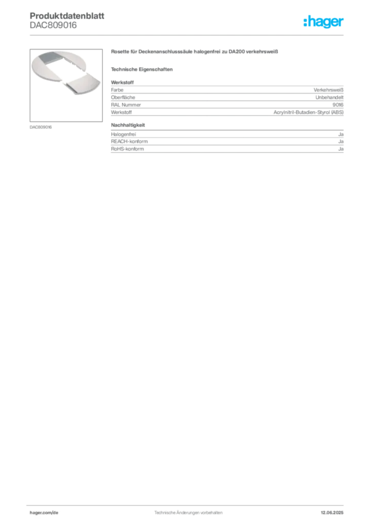 Bild Hager Produktdatenblatt DAC809016 | Hager Deutschland