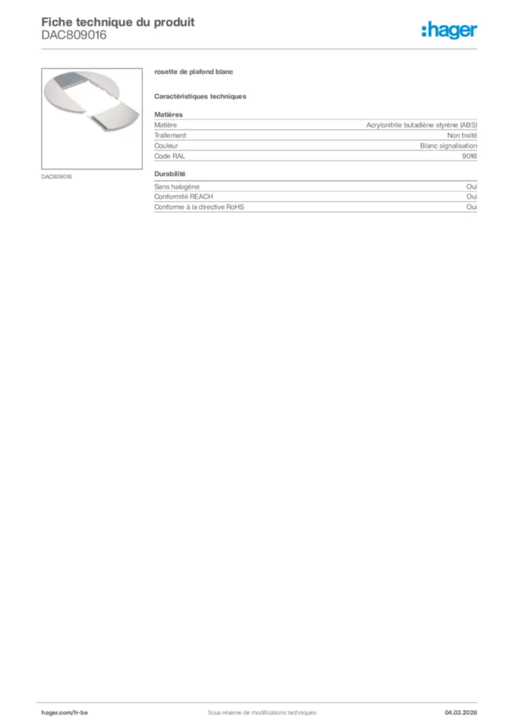 Image Hager Fiche technique du produit DAC809016 | Hager Belgique