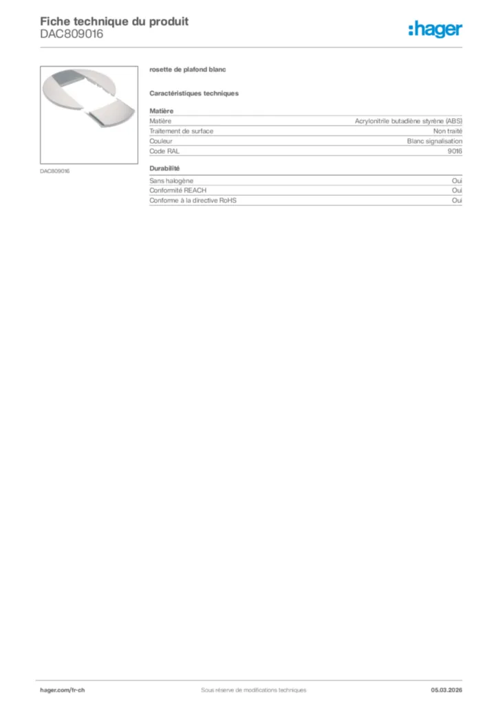 Image Hager Fiche technique du produit DAC809016 | Hager Suisse