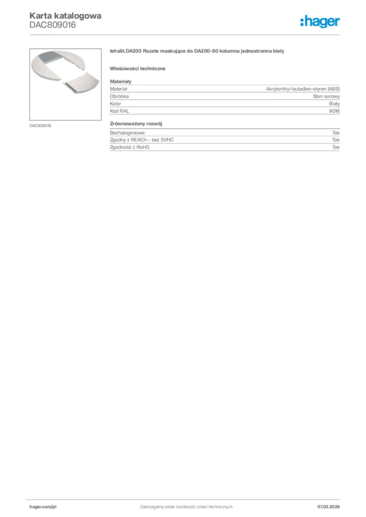 Zdjęcie Hager Karta katalogowa DAC809016 | Hager Polska