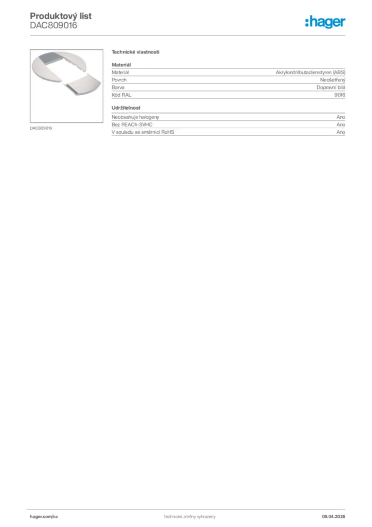 Obrázek Hager Product data sheet DAC809016 | Hager