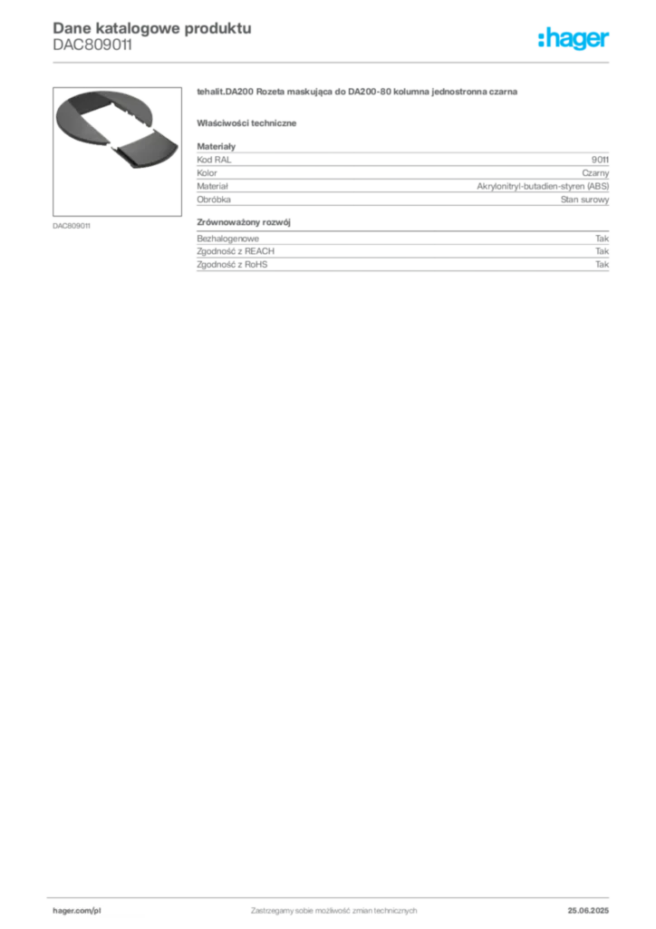 Zdjęcie Hager Dane katalogowe produktu DAC809011 | Hager Polska