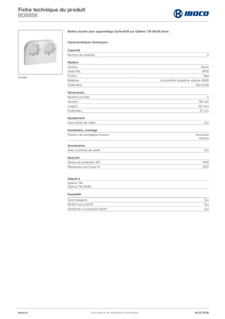 Image Iboco Fiche technique du produit B08856 | Hager France