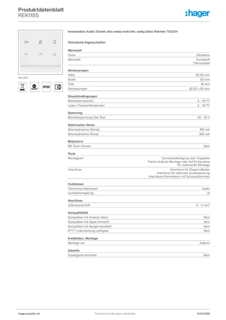 Bild Hager Produktdatenblatt REK118S | Hager Schweiz