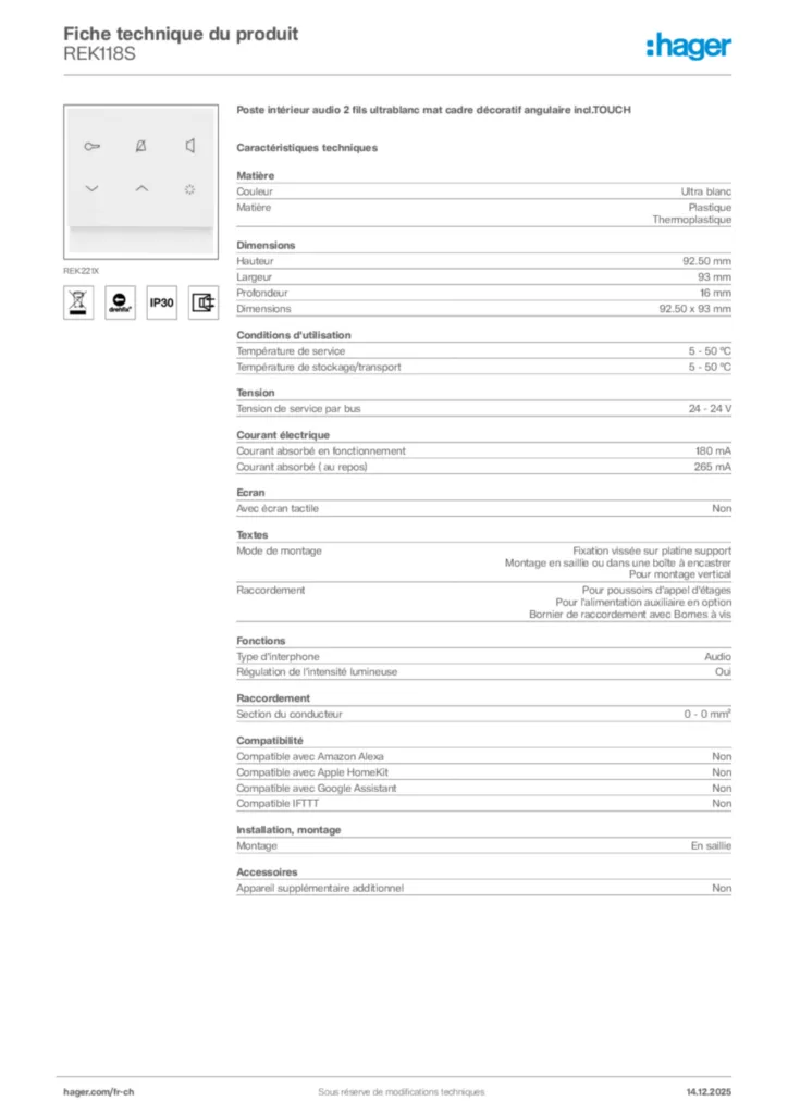 Image Hager Fiche technique du produit REK118S | Hager Suisse