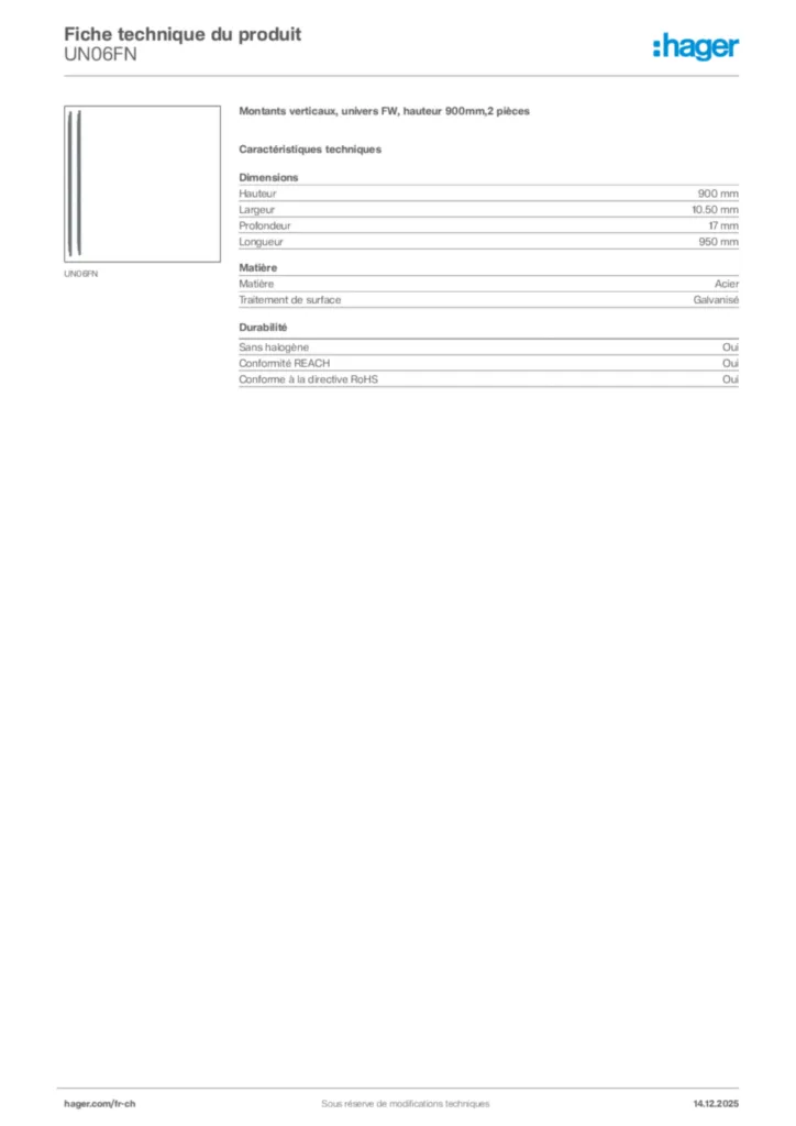 Image Hager Fiche technique du produit UN06FN | Hager Suisse