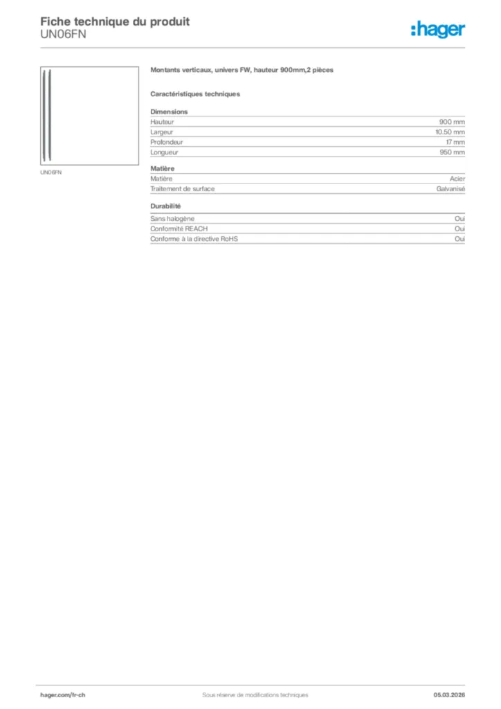 Image Hager Fiche technique du produit UN06FN | Hager Suisse