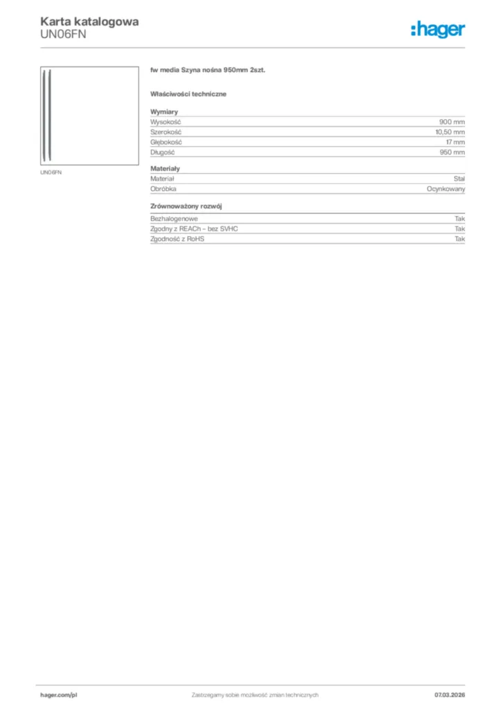 Zdjęcie Hager Karta katalogowa UN06FN | Hager Polska