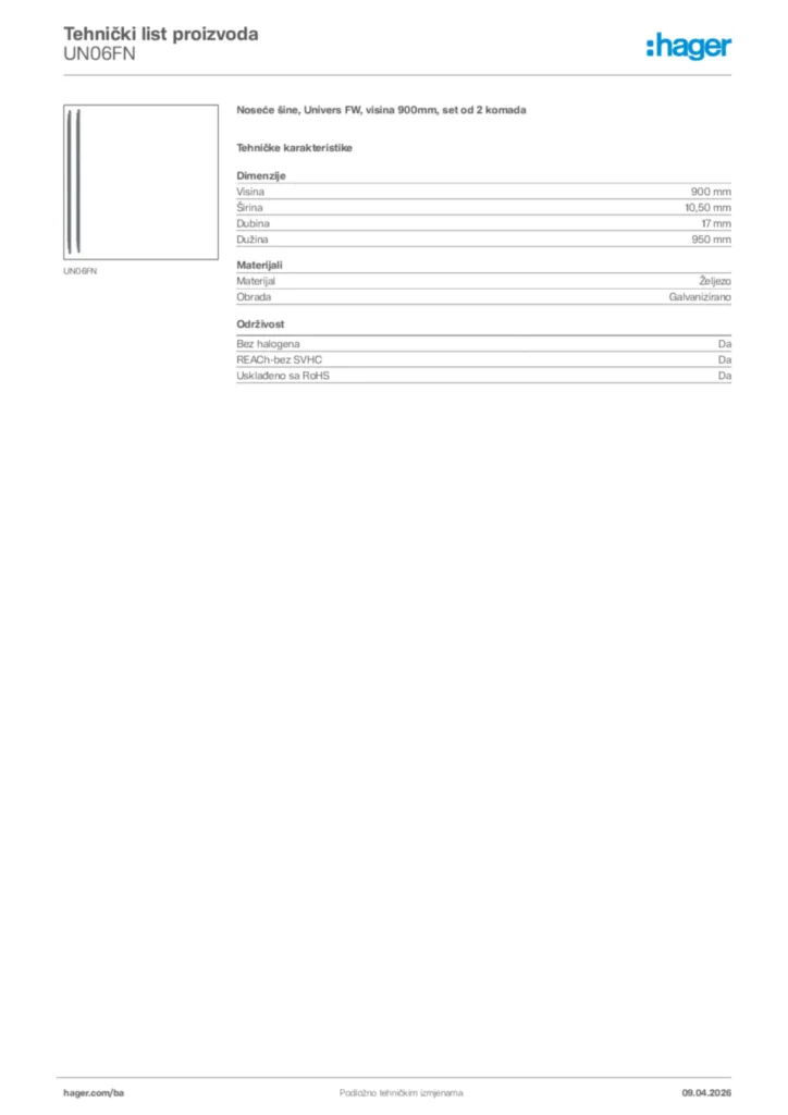 Slika Hager Tehnički list proizvoda UN06FN  | Hager