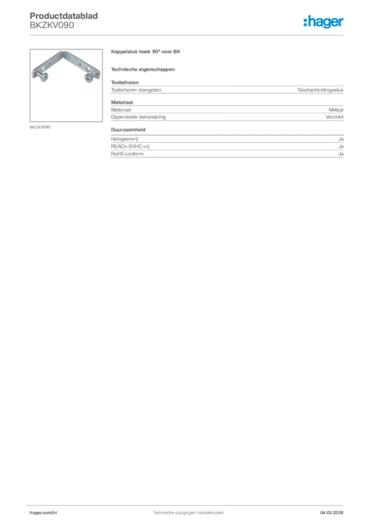 Afbeelding Hager Productdatablad BKZKV090 | Hager Nederland